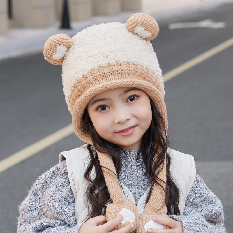 Kids Knit Hat With Heart Ears For Winter Warmth And Wind Resistance