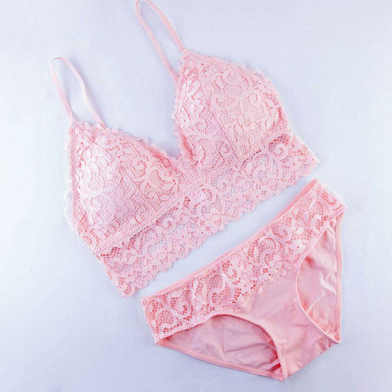 

French Bra Suit Thin Lace Women without Wire Accessory Breast Push up Sexy Bra Summer Plaid Intimates Suit L Pink(Lace)
