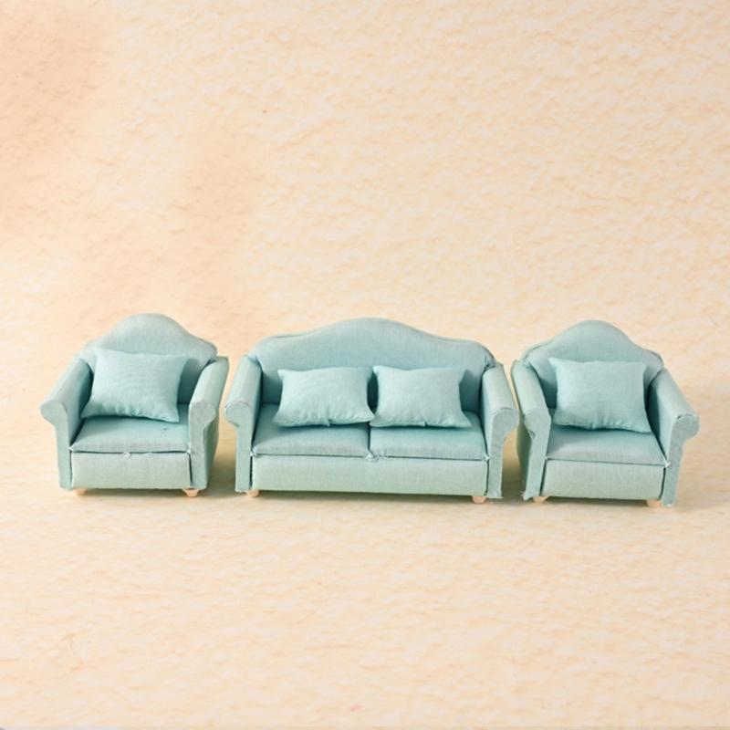 Pack Of 3 Miniature Couch with Cushion 1/12 Scale Dollhouses Sofa Set Modern Living Room Decors Scene Display Accessories