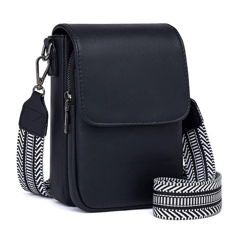 Bolso Bandolera de Cuero Vintage para Mujer Bolso para Teléfono para Mujer Correa Ancha Ajustable Bolso de Mano Compartimentos Múltiples con Cremallera Cartera