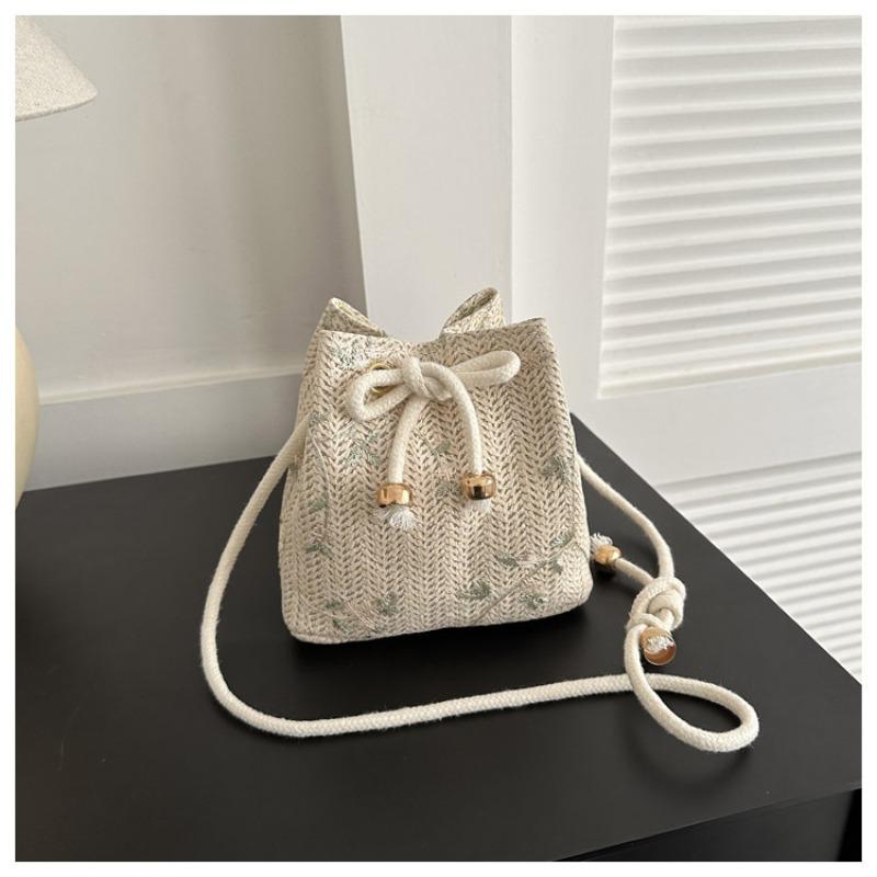 Woven bag women s new trendy fashion lace versatile drawstring bucket bag shoulder crossbody straw woven bag