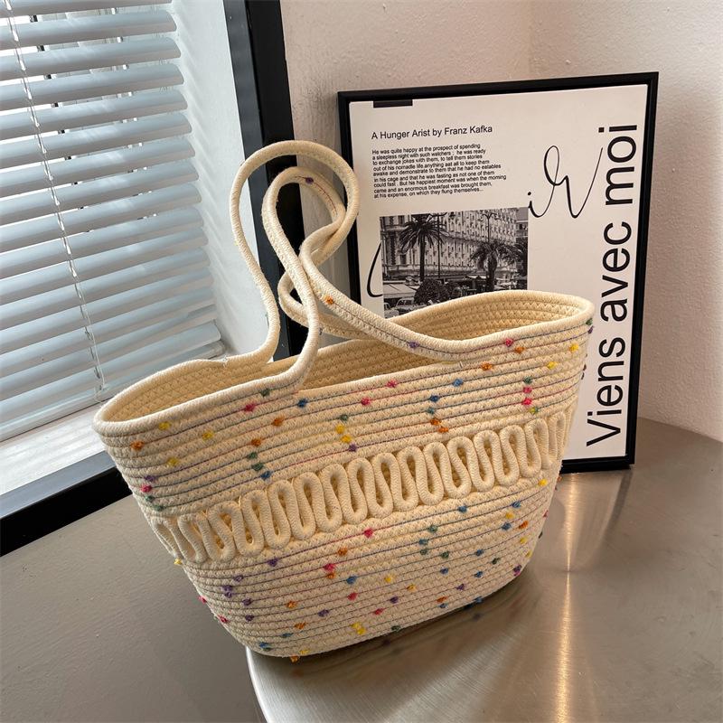 Retro Style Women's Color Block Large Cotton Rope Woven Beach Bag