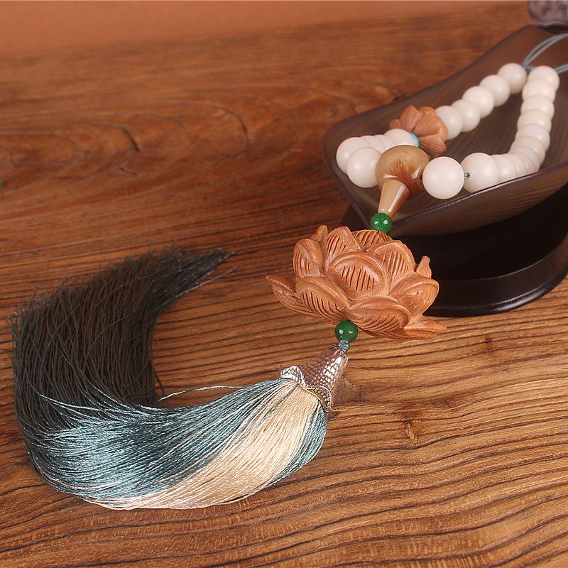 Natural White Jade & Peach Wood Lotus Pendant for Rearview Mirror