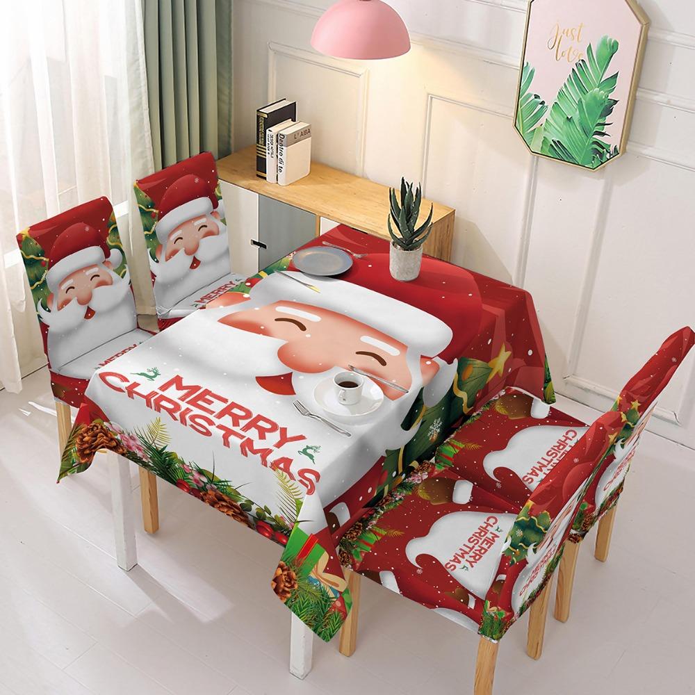 Christmas Polyester Waterproof Tablecloth with Printed Chair Covers Santa Claus Design Festive Decor