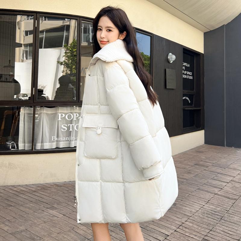 Solid color new large shawl down cotton clothes women's splicing curly hair medium and long versatile coat