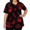 Halloween Print V Neck Short Sleeve Nurse Scrub Top with Double Pockets and Side Slit Hem for Healthcare Workers and Caregivers