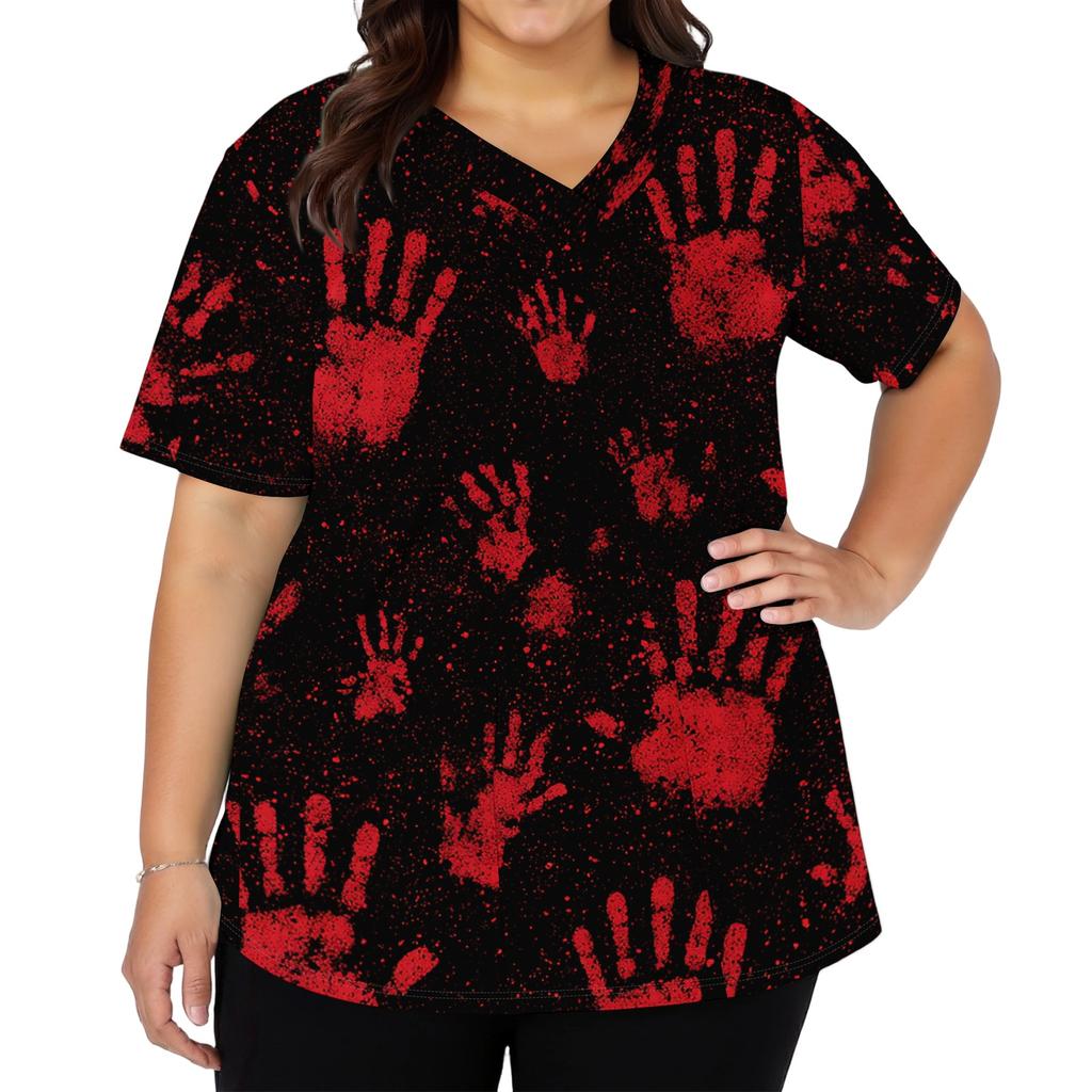 Halloween Print V Neck Short Sleeve Nurse Scrub Top with Double Pockets and Side Slit Hem for Healthcare Workers and Caregivers