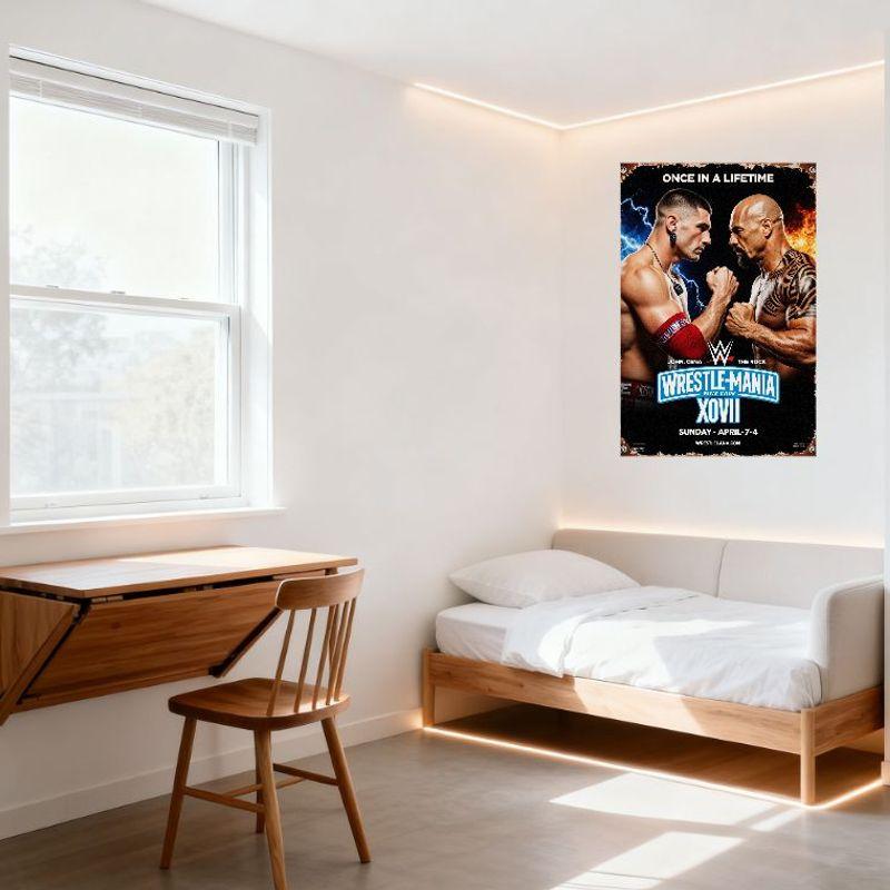 WWE WrestleMania XVII Vintage plechová cedule John Cena vs The Rock Plakát akce s blesky a plameny pro pánský doupě bar domov De