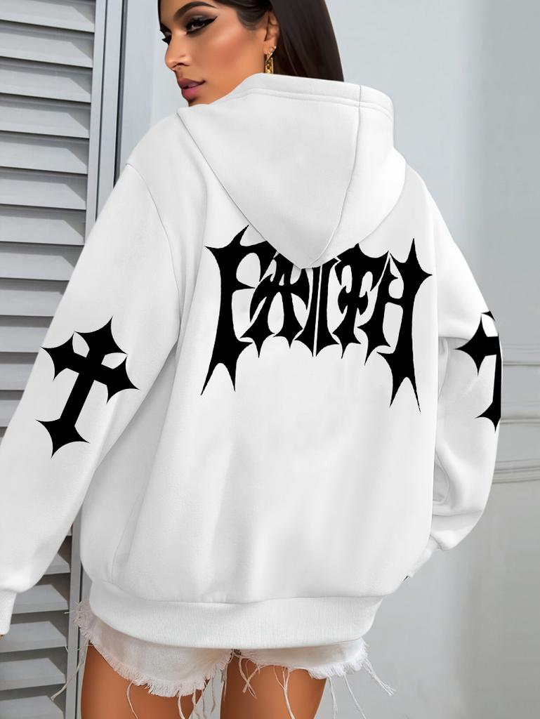 Kreatives Glaubenskunst Briefdruck Kapuzenpullover Damen Hip Hop Herbst Kapuzenpullover Tasche Fleece Kleidung Y2K All-Match Lässiger Damen Kapuzenpullover