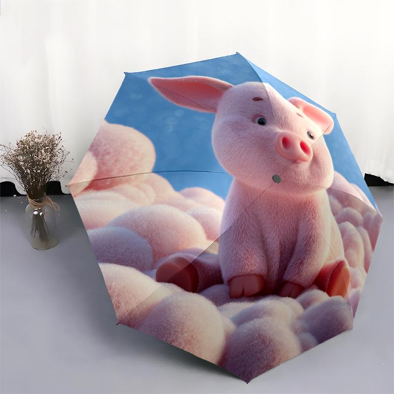 Pig Pattern, Automatic Folding Umbrella, Portable and Foldable Design, 8 Ribs, a Christmas or Birthday Gift.