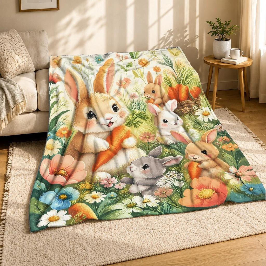 Bunny Carrot Meadow Coral Fleece Blanket Spring Garden Decor