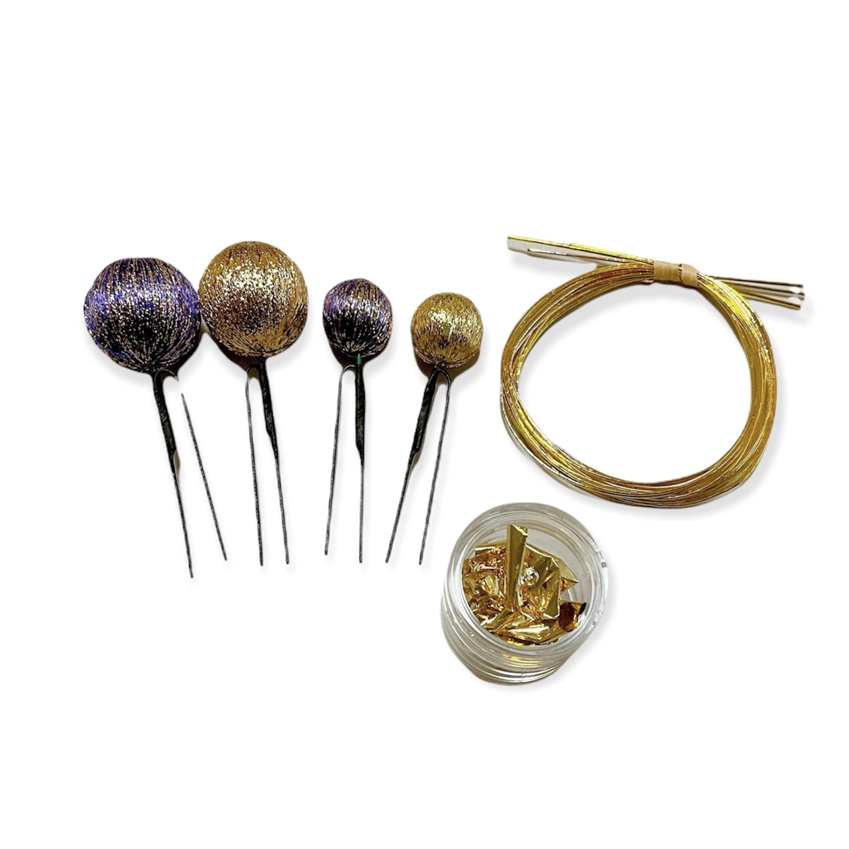 

Japanese style hair accessory purple ball gold mizuhiki set, gold, kanzashi, leaf, фиолетовый