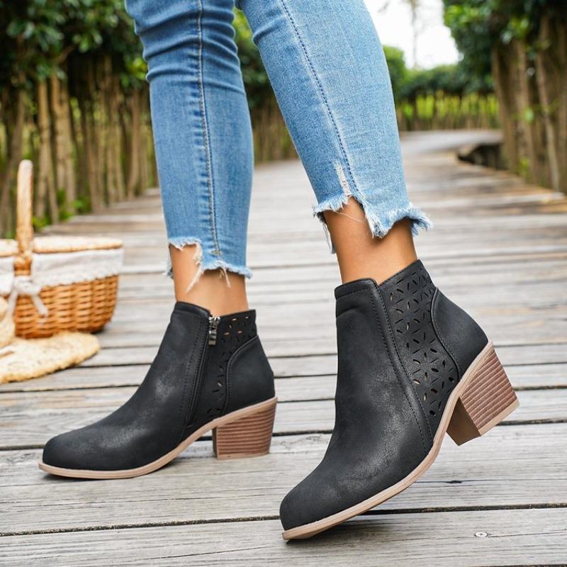 Women'S Ankle Boots Thick Heel Side Zipper Shoes Fashion Retro Leather Short Barrel Hollow Boots Botas