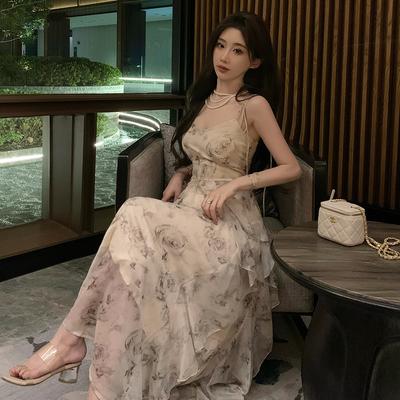Spaghetti Strap Rüschen Kleid Sommer Frauen Mode Elegante Midi Print Vintage Kleider Weibliche Abend Kleidung