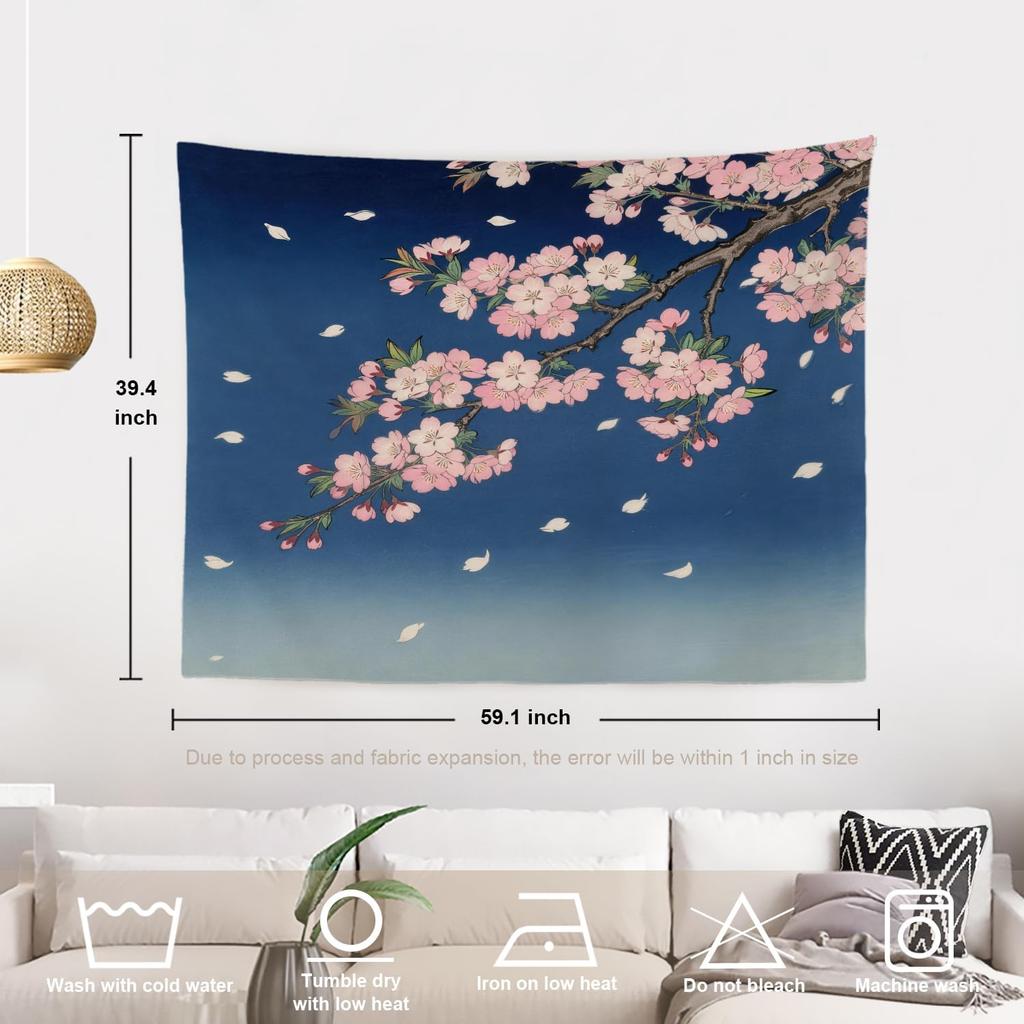 Retro Japanese Cherry Blossom Tapestry, Deep Indigo Flowers Wall Art Hanging Decoration Polyester Fiber White Ruffled Around For