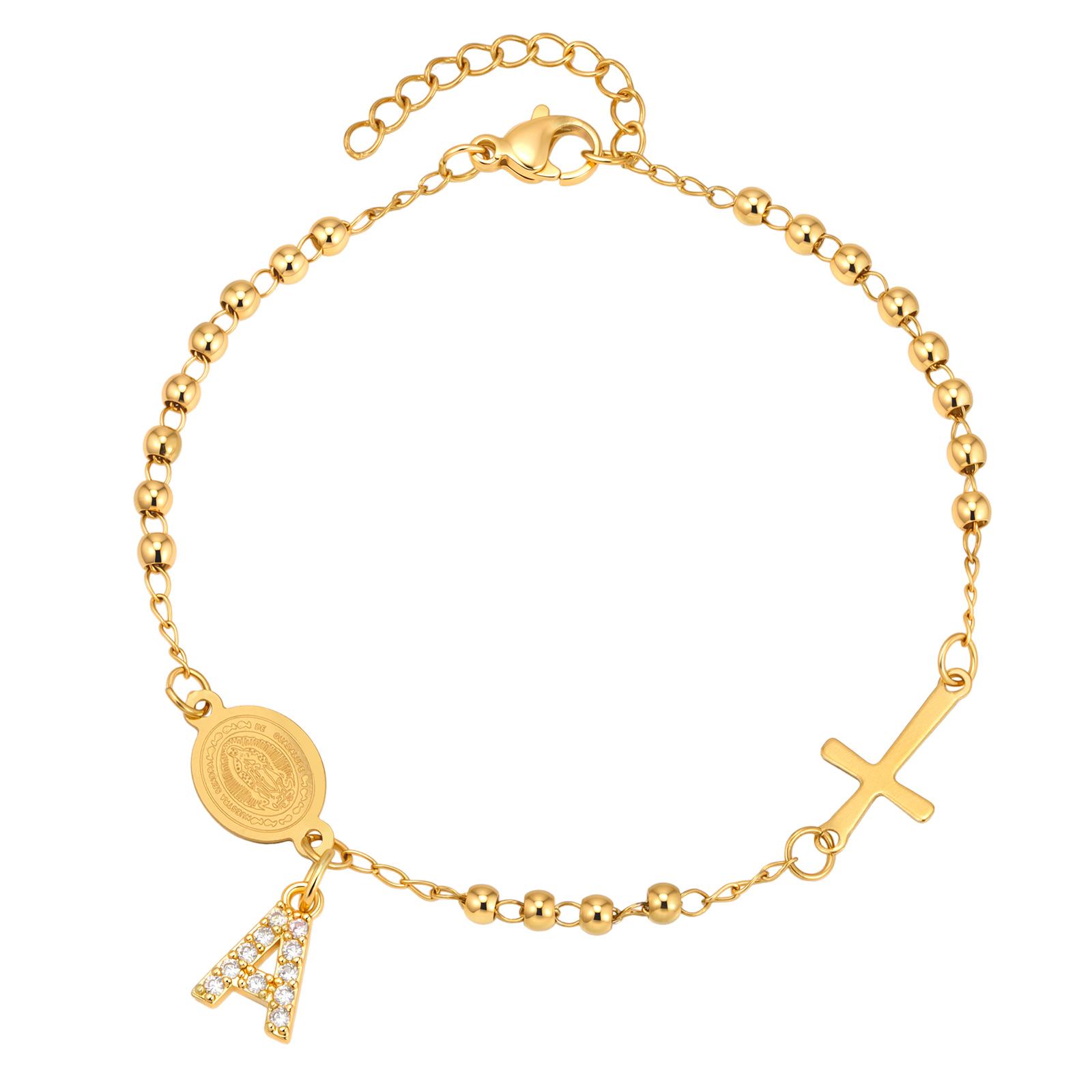 

Rosary Virgin Mary Bracelet Cross Stainless Steel Chain Gold Plated Initial Letter A-Z Charms Baptism First Communion Jewelry