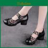 Toe Thick Round Johnature Heels Womens Sandals Ethnic Style Genuine Leather Printed Soft Sole Shoes