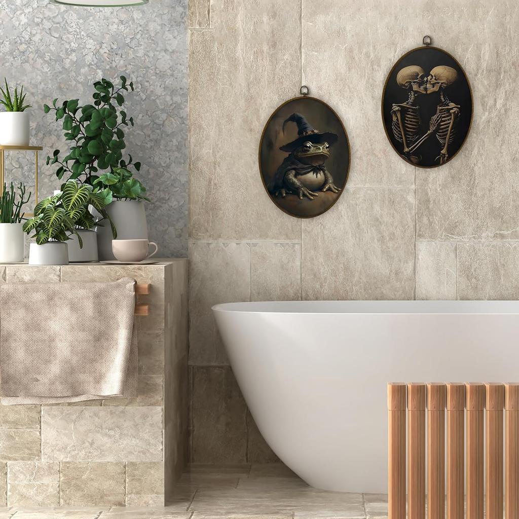 Gnmduw Moody Gothic Frog Oval Wall Art Framed, Goblincore Western Frog Canvas Prints Hanging Decor, Dark Moody Academia Halloween Wall Decor for