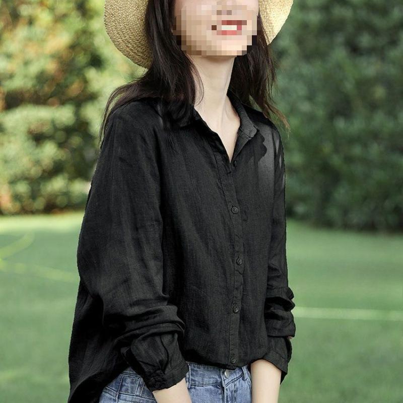 

Литературная и Художественная Маленькая Свежая и Простая Универсальная Хлопково-Льняная Рубашка Женская с Длинным Рукавом Осенний Дизайн Льняная Блузка XS чёрный