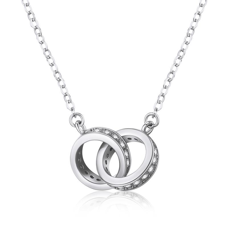 999 Sterling Silver Double Ring Interlocking Necklace - Cold Style Minimalist Double Circle Clavicle Chain for Women