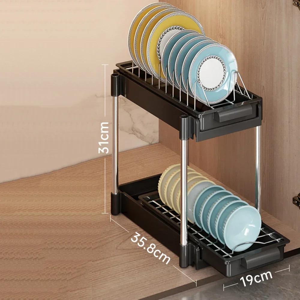 Kitchen Pull-out Dish Rack with Drawer Bowls Dishes Drainer Storage Drying Rack Tableware Holder Under Sink Cabinet Organizer