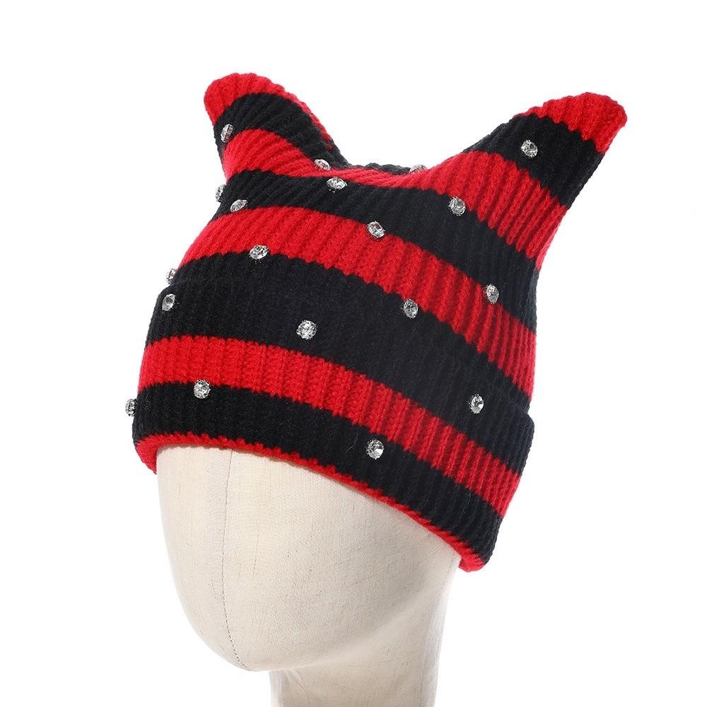 Yarn Cat Ear Beanie Stretchable Knit Striped Hat Gifts Knitted Beanie Hat Spring Autumn Winter