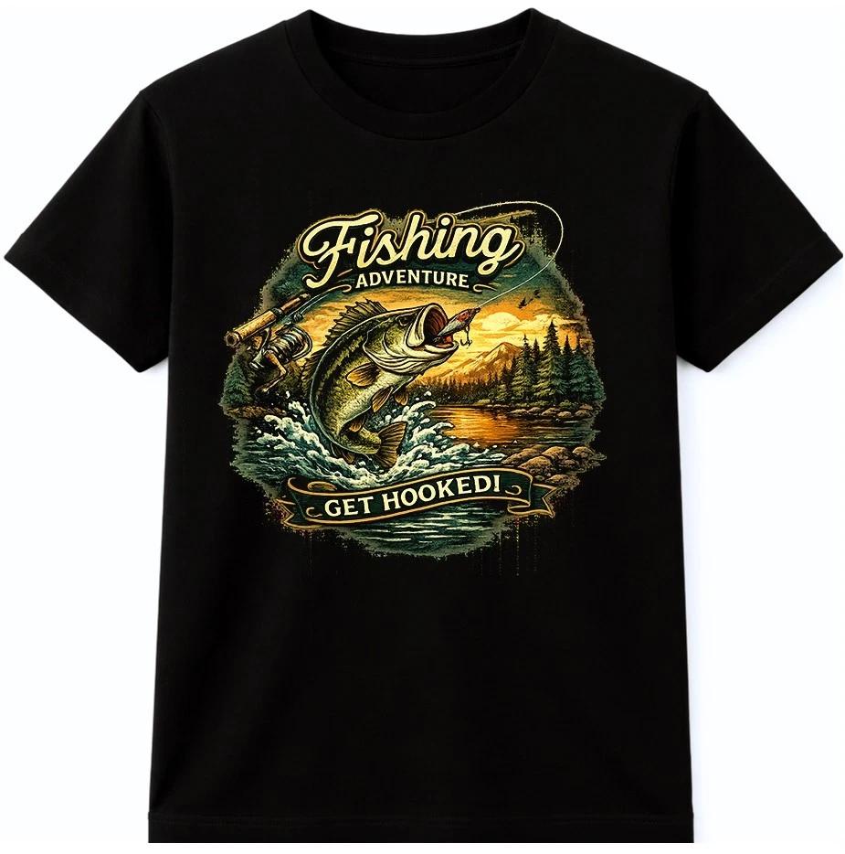 Fishing T Shirt Bass Angler Get Hooked Graphic Tee Fisherman Outdoor Top M