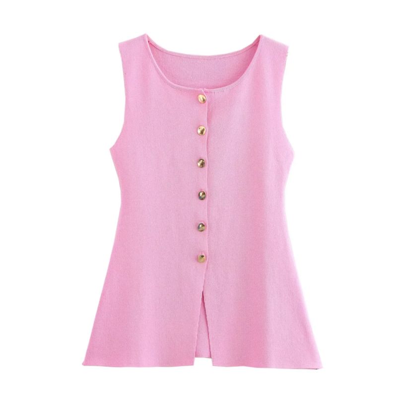

Fashion Style 2024 Autumn New Women s Clothing Stylish Easiest for Match Golden Button Plain Stitch Vest 4192100 Pink M