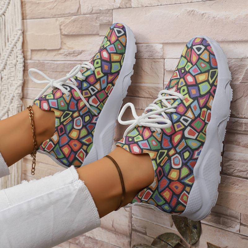 Fashion 2025 New Women Rainbow Shoes Autumn New Casual Daily Ladies Flat Shoes Round Toe Multi-Color Print Lace-up Sneakers