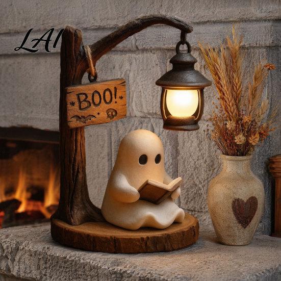 Halloween Table Centerpiece Gothic Witch Lantern Resin Tabletop Decor with Warm Glow Spooky Home Light for Shelf Desk Party Haunted House Ambiance