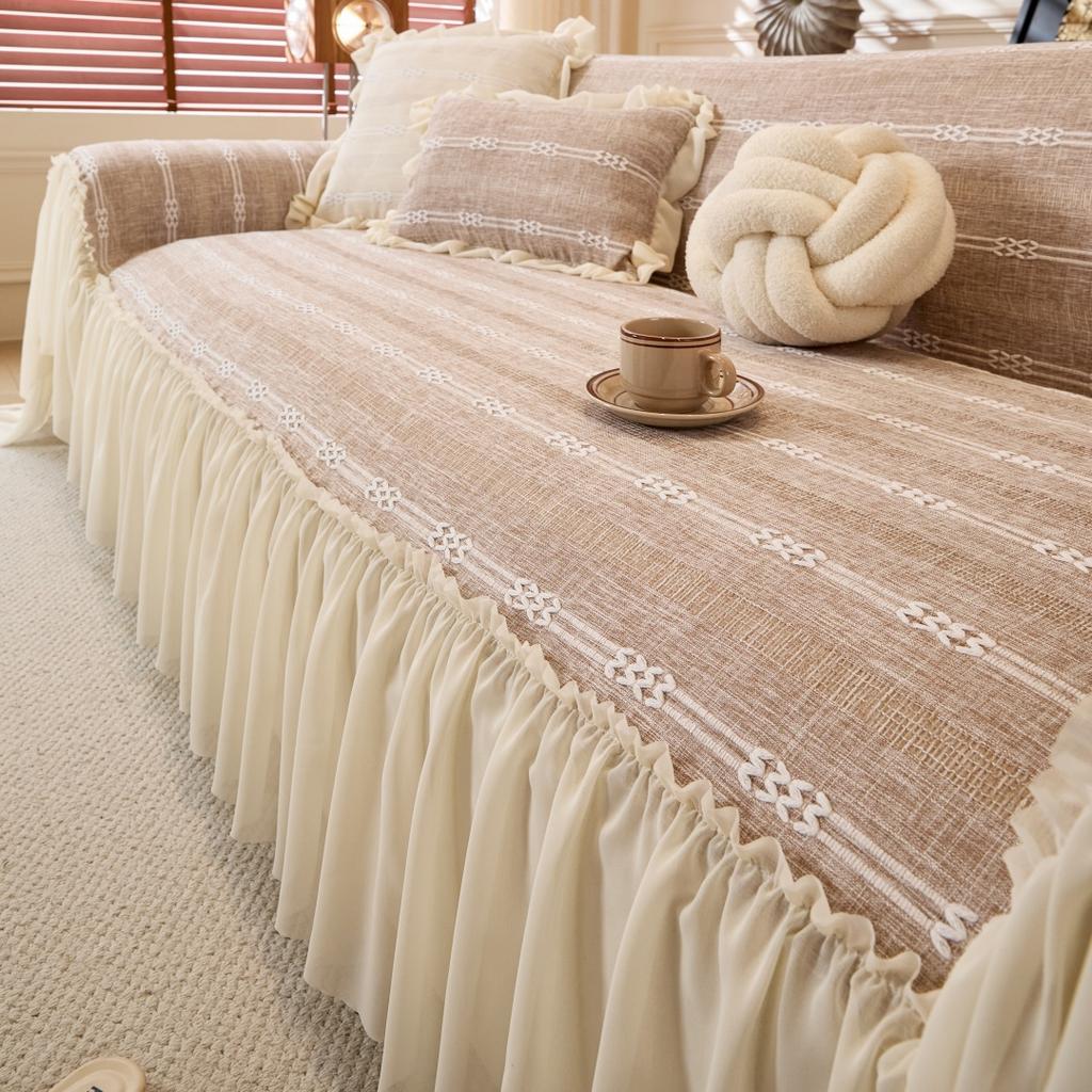 Solid Color Embroidered Sofa Towel with Lace Edge Ruffle Hem, Linen-Like Fabric Home Decor Universal Sofa Cover for Living Room