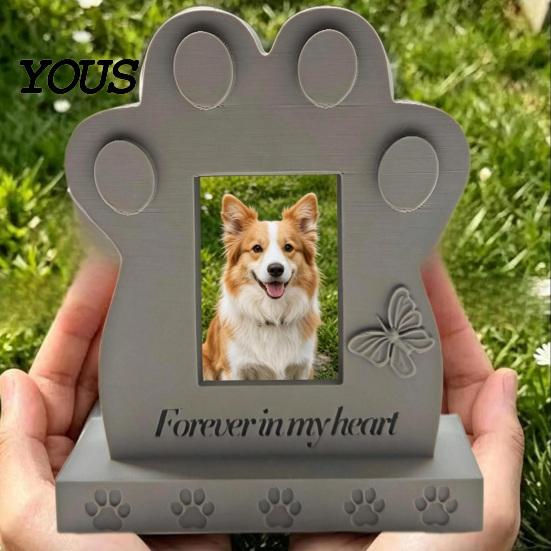 2 In 1 Pet Memorial Frame Tombstone Dog Stone, with Built-in Photo Card Slot, 3D Butterfly And Stone Design Paw Design, Commemorative