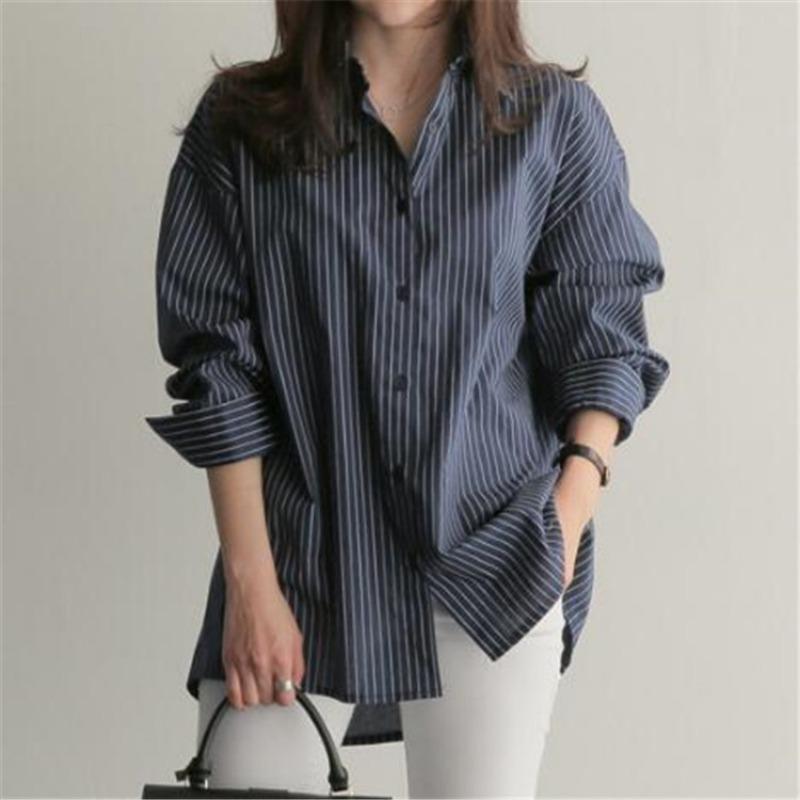 Blue Striped Loose Fit Plus Size Long Sleeve Shirt College Style Casual Blouse