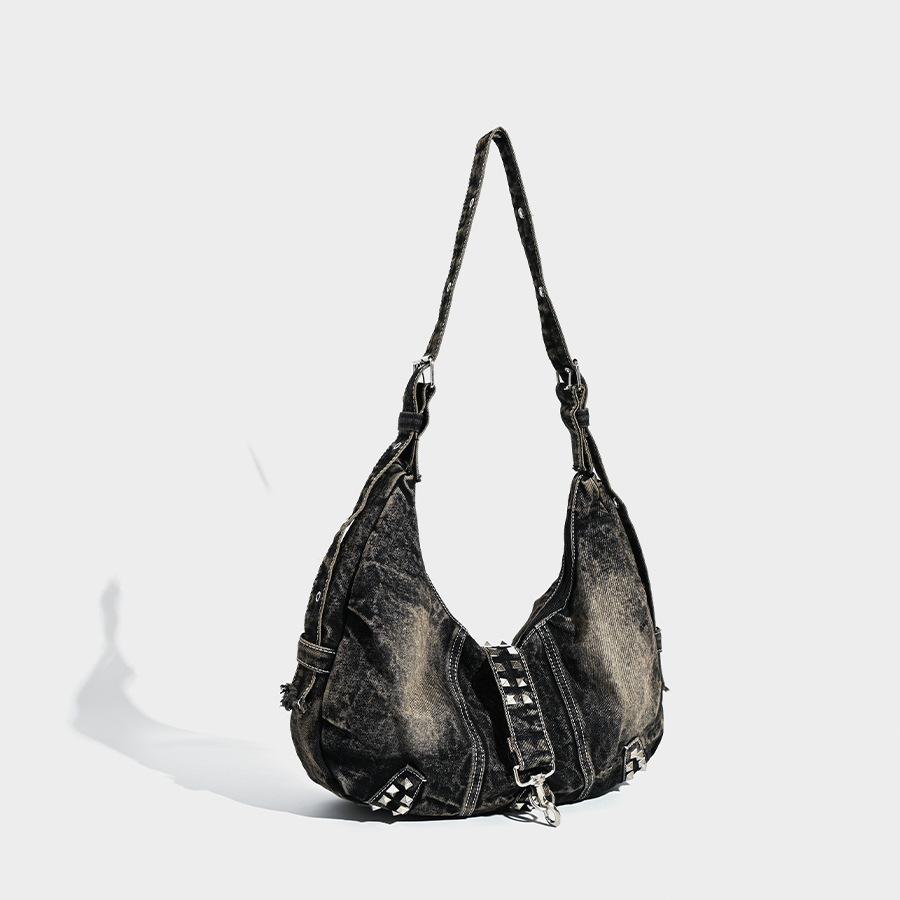 

Сумка-тоут большой вместимости, джинсовая с заклепками, на одно плечо, для поездок на работу, кроссбоди чёрный