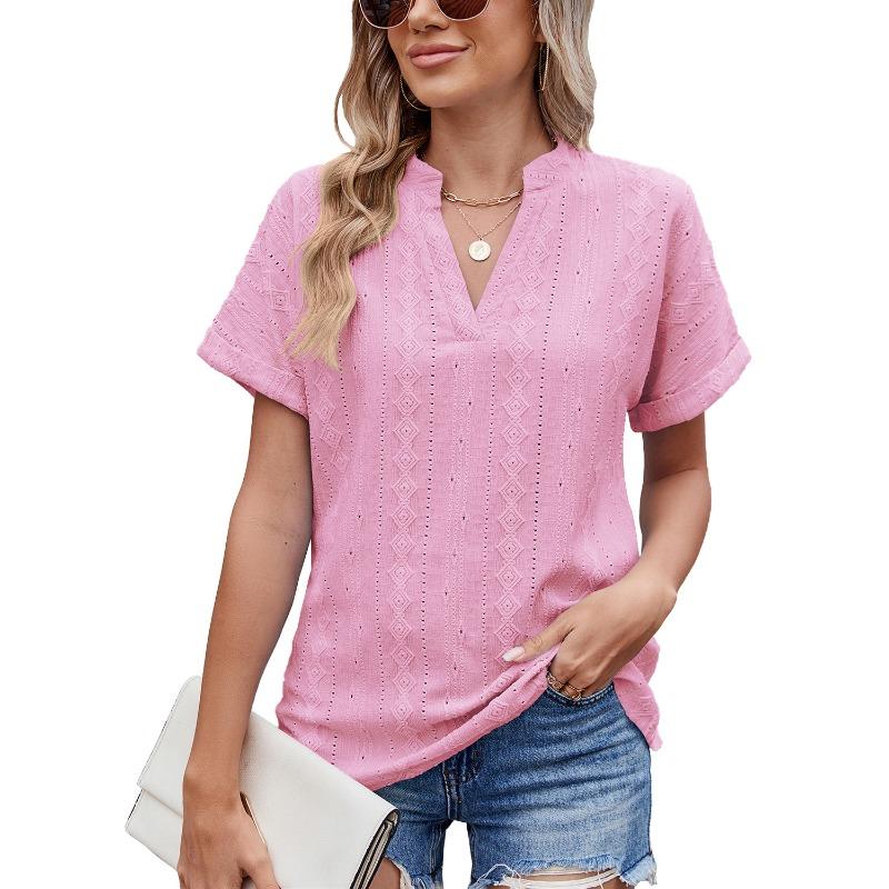 Spring Summer Jacquard V-neck Short Sleeved Loose T-shirt Top for Women's Clothing