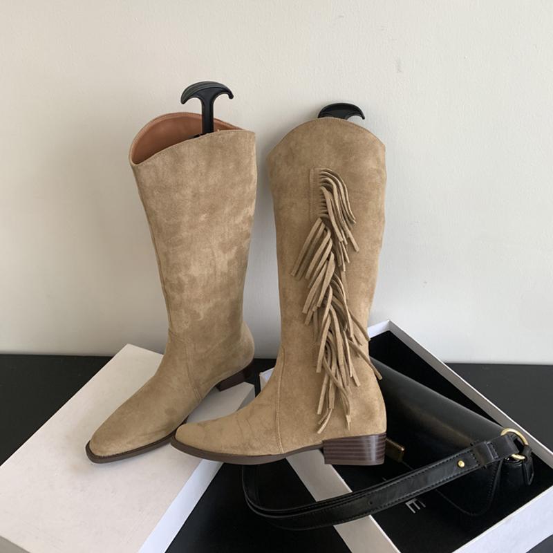 

Женские сапоги в стиле вестерн с кисточками, модные туфли-лодочки на толстом каблуке, осенне-зимние женские длинные сапоги 35