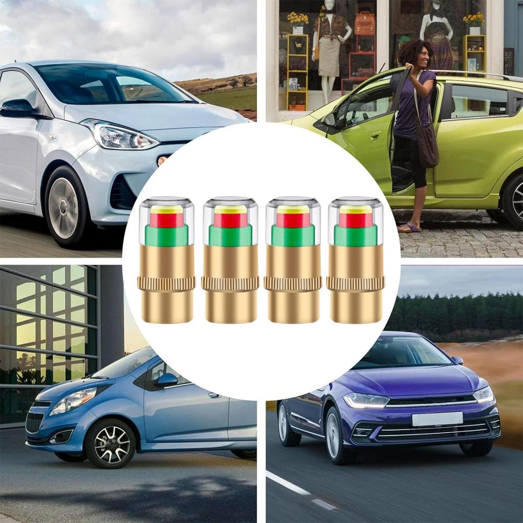 Car Tire Pressure Monitoring Caps 4 Pcs Tire Pressure Monitoring Caps Tire Pressure Gauge Caps 2.4 BAR Copper Core Tire Air Caps