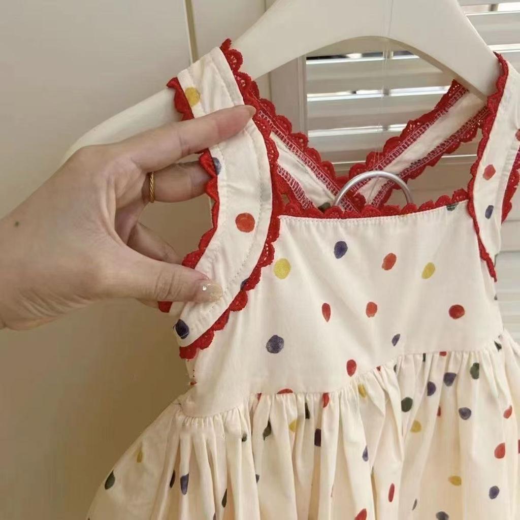 Cute Polka Dot Printed Sleeveless Suspender Dress Colorful Casual Summer Dress for Infant Girls Daily Wear