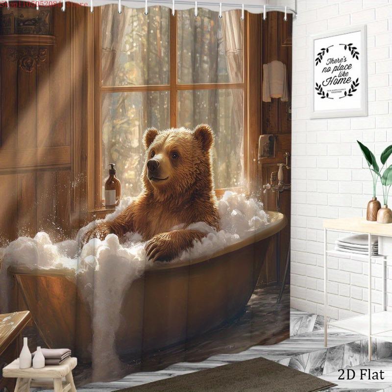 1Pc Bear Shower Curtain Funny Brown Bear Wild Animal Taking - With Hooks Waterproof Mildew Proof Easy Install Washable