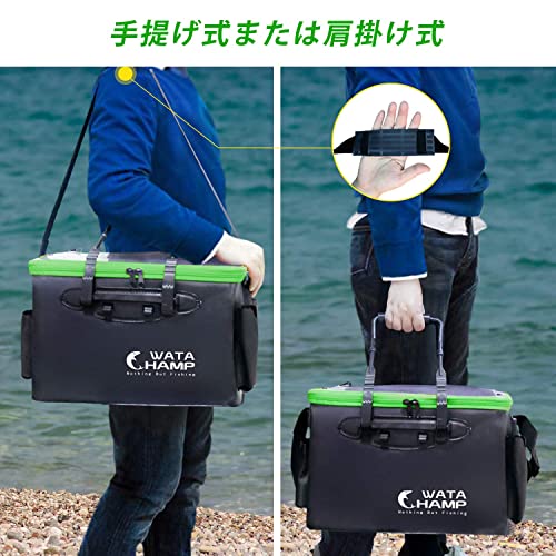 WATACHAMP Fishing Bucket, 36cm, 24L, Foldable Fishing Bucket with Clear Lid, Oxygen Pump Storage, and 2 Rod Holders, Multi-Purpose, for Rock Fishing