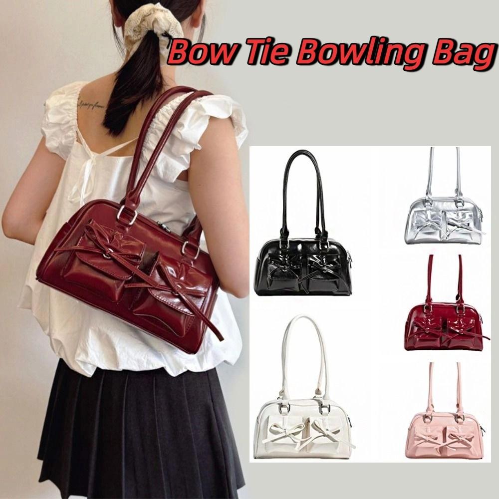 French Style Bow Tie Bowling Bag Elegant Women Handbags Vintage Boston Shoulder Bag  Armpit Bag