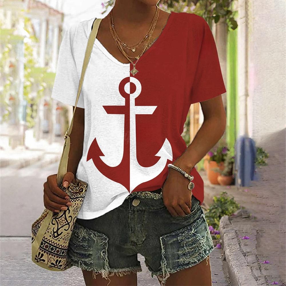 Sommer Oversized T-Shirts Ankerprint Oberteil für Damenmode V-Ausschnitt Damenmode Große Größen Stil T-Shirt für Damen