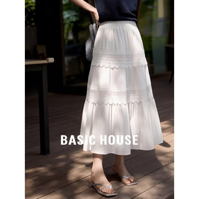 Basic House Women s Lace Tiered A-Line Midi Skirt One Size белый