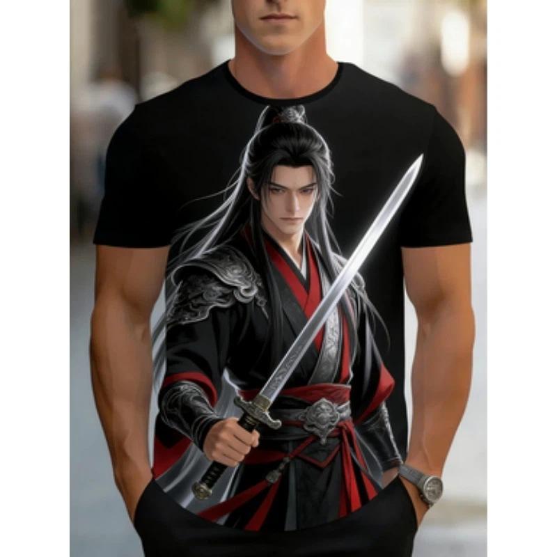 Herren-T-Shirt mit Aufdruck - leicht und atmungsaktiv, rot-weißes Anime-Comic-Kunstmuster, Rundhalsausschnitt, kurzärmlig, Sommer-Top