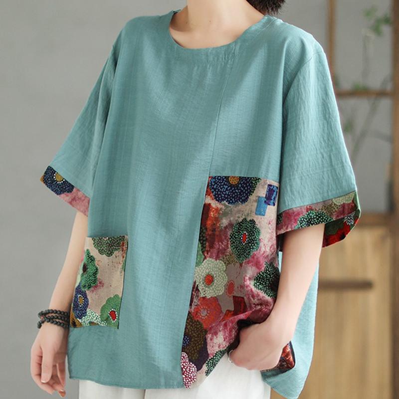 Vintage Crew Neck Short Sleeve for Women Summer Floral Print Patchwork Cotton Breathable T-shirt Loose Lightweight Comfortable Work Vacation T-shirt