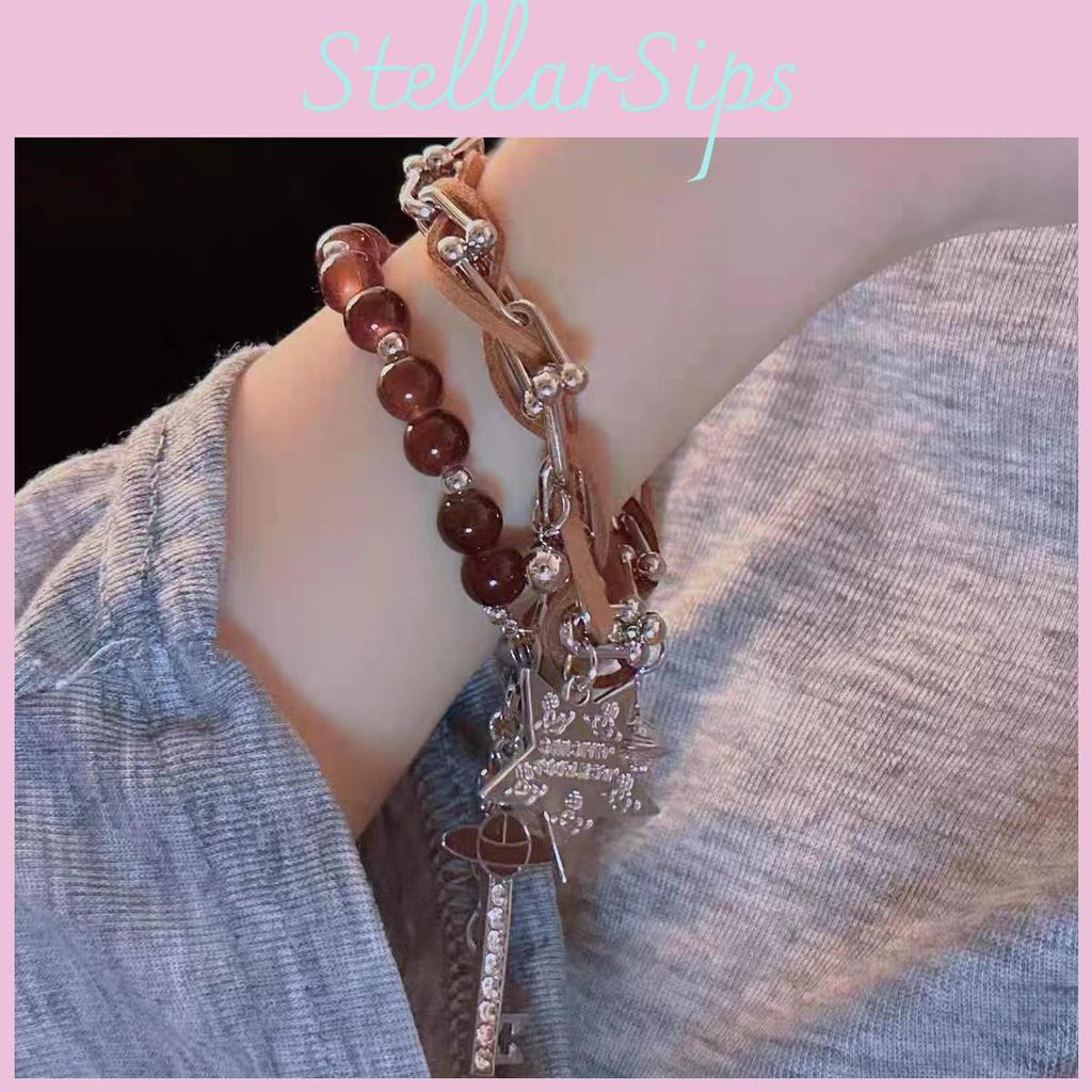 Brown Leather Cool Star Bracelet With Beads Trendy Style 2023 Winter
