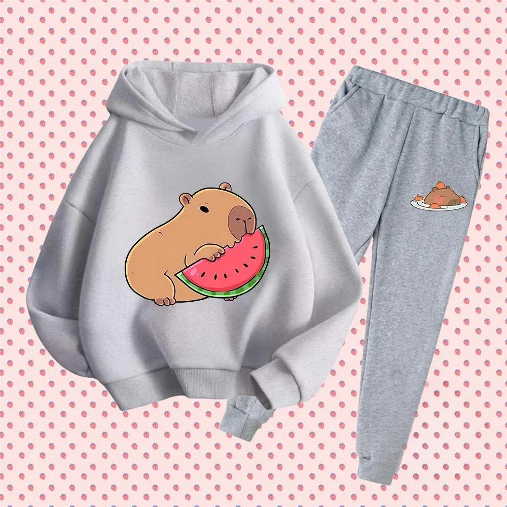Autumn Winter New Capybara Cartoon Print Outfit Kids Hoodie Set Boys Girls 3-17 Casual Fashion Children's Set Trousers Pant Suit