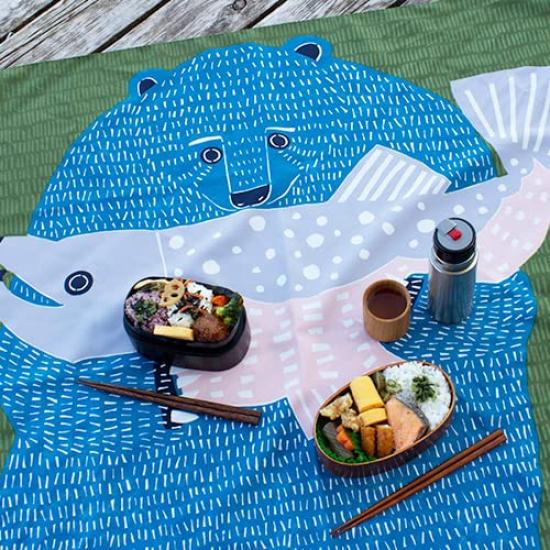 Musubi Aqua Drop Recycled Furoshiki Bear and Salmon Cloth, Design, Green, 100cm, Polyester, Water-Repellent