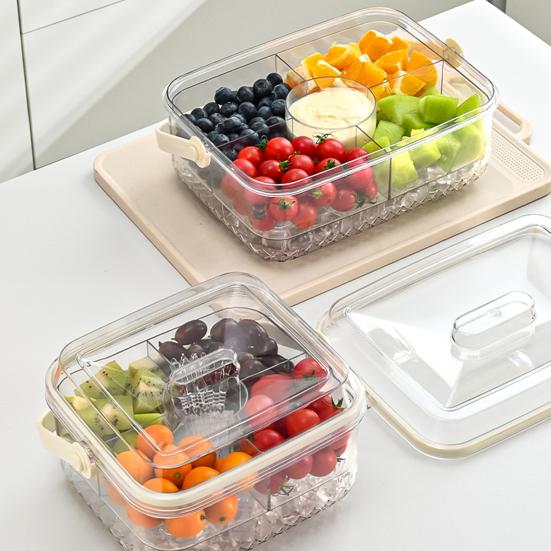 Serving Tray with 5 Dividers Lid Double-Walled Ice Tray Fruits Vegetables Shrimp Cocktails Party Appetizer Platter Snack Server