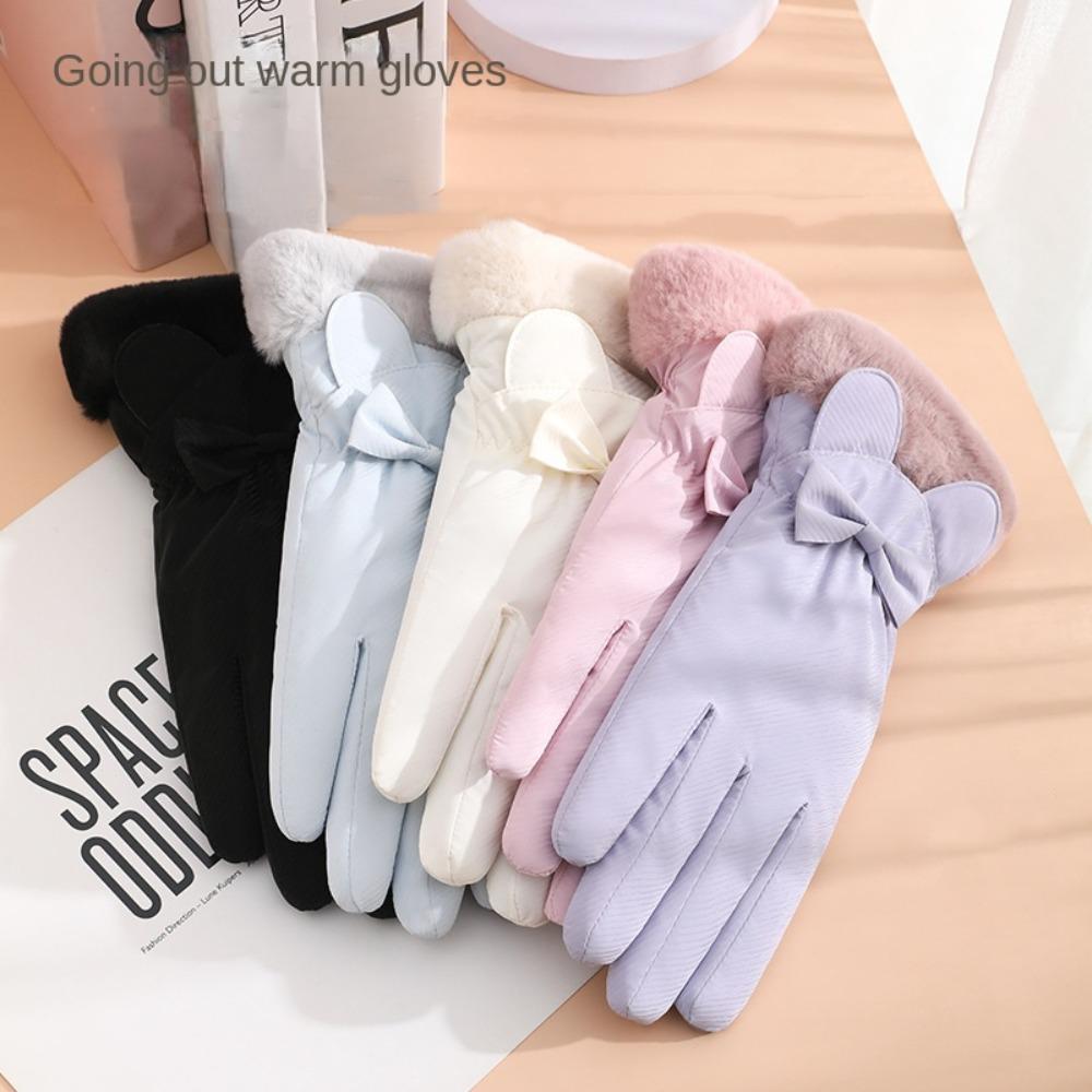 Soft Bow Anti-cold Mittens Down Cotton Satin Windproof Gloves Gift Plush Thickened Gloves  Winter